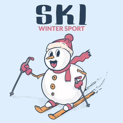 funky snowman skiing retro mascot . winter activity. vintage style icon illustration