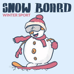 funky snowman snow boarding retro mascot . winter activity. vintage style icon illustration