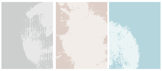 Set of 3 Abstract Grunge Vector Layouts. Off-White Irregular Splatters on a Light Gray, Pastel Blue and Dusty Beige Background. Soft Abstract Painting Style Art. Blanks Set without Text.