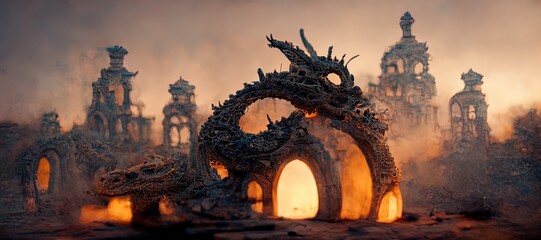 Ruins on Ancient City Destroyed by Dragon Fire - Digital Art, Concept Art, 3D Render - obrazy, fototapety, plakaty