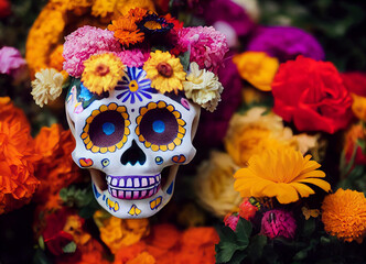 A creepy colourful portrait of a calaverita skull for "dia de los muertos", "Day of the dead", with marigolds.