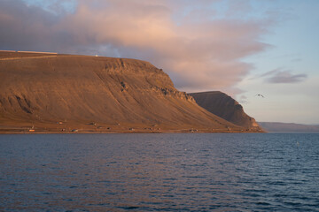 sunset in the arctic coast of Svalbard Islands, Norway