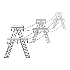 Supports of the high-voltage power grid. Vector illustration of utility electric transmission networks. Power lines isolated on white background.