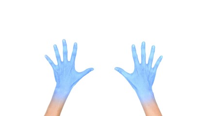 Fototapeta na wymiar Two opened hands with light blue color of Asian man. Concept of cold and clumsy hand.