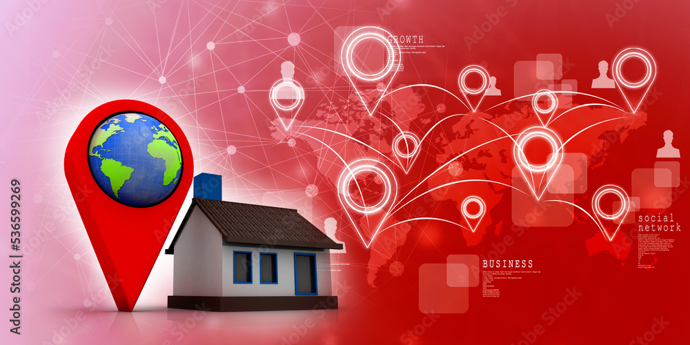 Poster 3d illustration search for property. a map with large red gps pointer near home