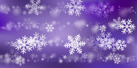 Random falling snowflakes composition. Snowfall dust freeze particles. Snowfall sky white purple backdrop. Mess snowflakes new year texture. Snow hurricane landscape.