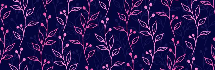 Berry bush sprouts natural vector seamless pattern. Modern floral graphic design. Garden plants leaves and buds illustration. Berry bush sprigs home style repeating pattern