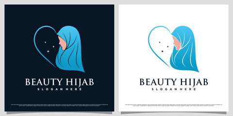 Muslimah women logo design wearing hijab with love icon and creative element concept