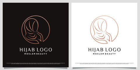Muslimah women logo design wearing hijab with line art concept and creative element