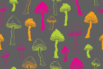 Amanita choky inedible mushrooms seamless pattern vector illustration.