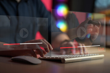 The man is watching Streaming online, watching videos on the Internet, live concert, performing, or teaching. live video content online streaming marketing concept. Live digital stream.