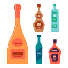 Bottle of champagne cognac schnapps vodka liquor. Icon bottle with cap and label. Graphic design for any purposes. Flat style. Color form. Party drink concept. Simple image shape