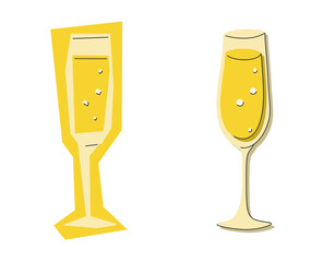 Champagne glass on white background. Cartoon sketch graphic design. Flat style. Colored hand drawn image. Drink concept for restaurant, cafe. Freehand. Two kinds of illustration. Conditional image