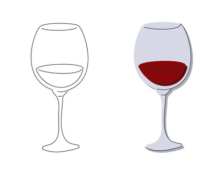 Red wine glass on white background. Cartoon sketch graphic design. Flat style. Colored hand drawn image. Party drink concept for restaurant, cafe, party. Freehand drawing style. Two kinds of image