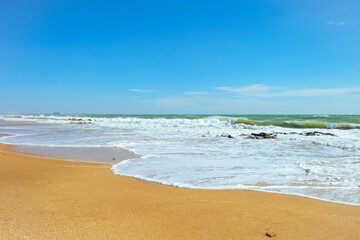 Sea surf. Feodosia Bay in Black sea. Crimean peninsula. - obrazy, fototapety, plakaty