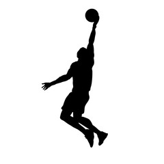 Dynamic silhouette of basketball player in action, making a jump shot. Vector illustration	