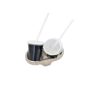two cups with a lids on a cardboard holder and two drinking tubes