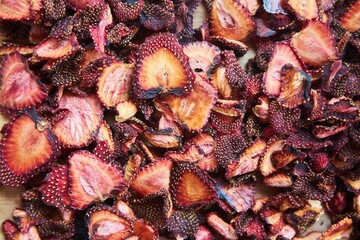 Dried sliced strawberries. Saving summer fruits for the future.