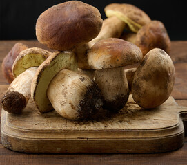 Fresh forest white mushrooms on a wooden board