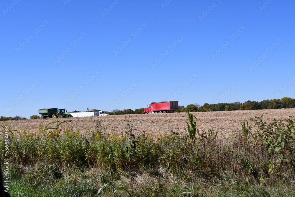 Wall mural Semi Trucks in a Harvested Corn Field