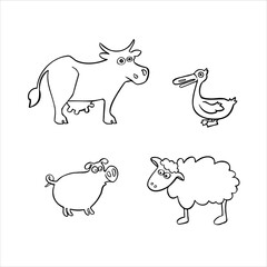 cartoon line sketch set  domestic and farm animals vector illustration