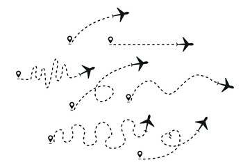 Airplane dotted route line the way airplane. Airplane routes with start point and dash line trace of line path of air plane flight. Planes, travel, map pins, location pins. Vector illustration - obrazy, fototapety, plakaty