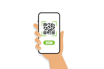 QR code scan to smartphone. A hand holding smartphone and scanning qr code. Electronic digital technology. Vector illustration, flat style