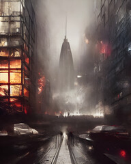Illustration, Dark, Post Apocalyptic Cityscape, Manhattan