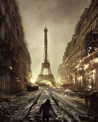 Fototapeta na wymiar Illustration, Dark, Post Apocalyptic Cityscape, Paris
