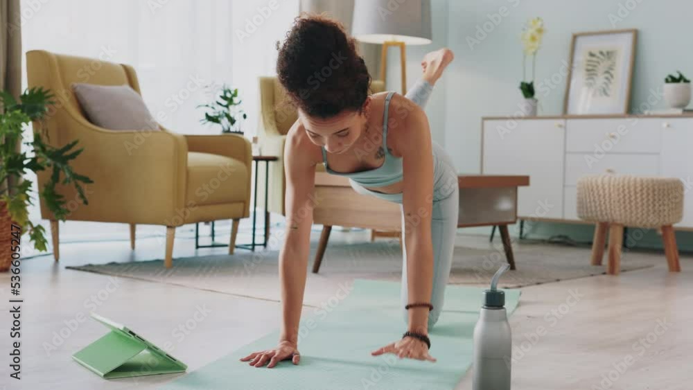 Poster Yoga, tablet and woman with online video for stretching exercise in the living room of her house. Girl with balance during fitness workout on the internet with tech in the lounge of her home