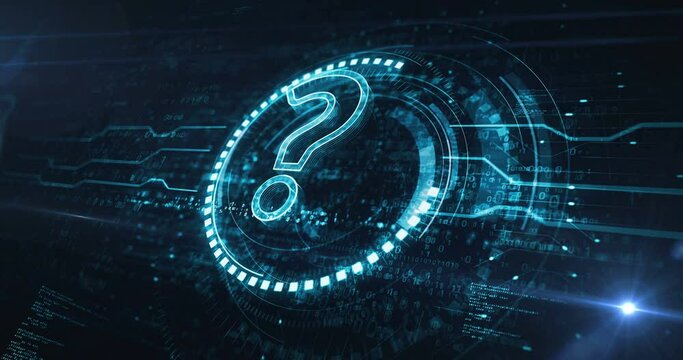 Question mark, search, quest, faq, idea and help symbol digital concept. Network, cyber technology and computer background abstract 3d animation. Seamless and loopable.