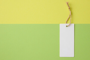 Empty white cardboard tag on brown rope, green background