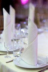 A napkin in a plate. Decoration for the table before the reception. The art of folding napkins into beautiful shapes.