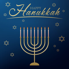 Celebration card with golden text Happy Hanukkah, chandelier and stars of David on the blue background for Hanukkah Jewish holiday. Celebration banner, wallpaper or poster.