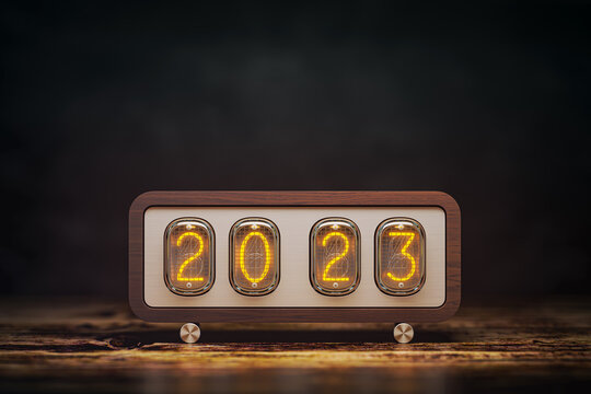 Happy New 2023 Year. Vintage nixie clock with 2023.