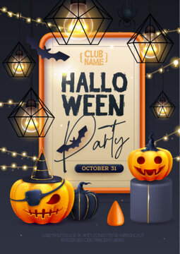 Halloween holiday disco party poster with realistic 3D halloween pumpkins. Vector illustration