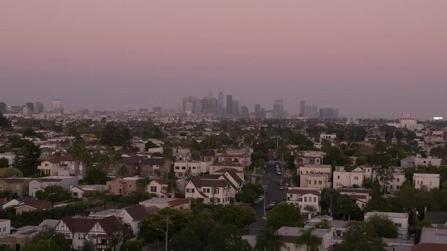Los Angeles hot sunset view with palm tree and downtown in background. California, USA theme - background. Art videography