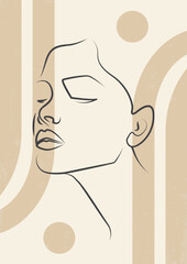 Woman face profile and lines art drawing. Vector illustration