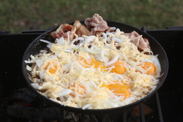 natural light. barbecue. a frying pan is used for cooking. fire. firewood. Picnic