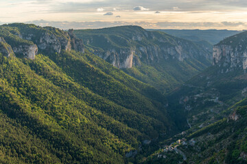 Fototapeta na wymiar View of the Gorges de la Jonte and the village of Le Truel in the Cevennes National Park.