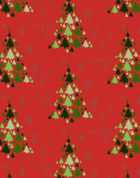 Colorful christmas tree illustration on red background digital image Seamless print pattern 