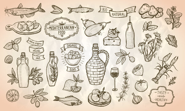 Mediterranean traditional food symbols collection