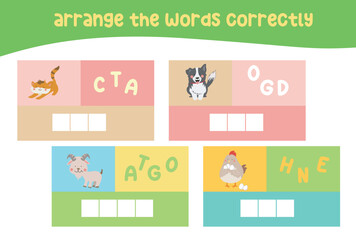 Arrange the words correctly. Colorful printable worksheet for children. Writing practice. Vector file.
