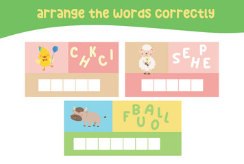 Arrange the words correctly. Colorful printable worksheet for children. Writing practice. Vector file.