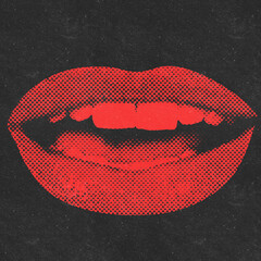 Retro, pop art, vintage concept. Illustration of sexy and seductive woman lips in red halftone effect made from small dots isolated on black background. Grunge style. Toned image with red colo - obrazy, fototapety, plakaty