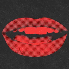 Fotobehang Retro, pop art, vintage concept. Illustration of sexy and seductive woman lips in red halftone effect made from small dots isolated on black background. Grunge style. Toned image with red colo © Rytis