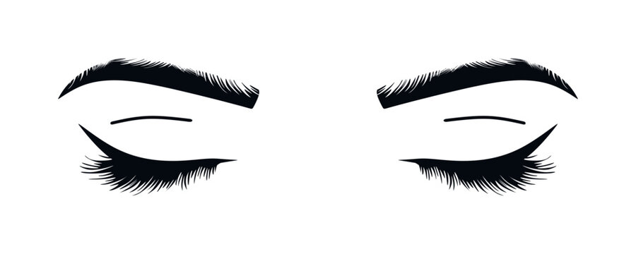 Beautiful luxurious female closed eyes with eyebrows and lush eyelashes. Business card idea, vector typography. closed eye for your design. Perfect design for a beauty salon