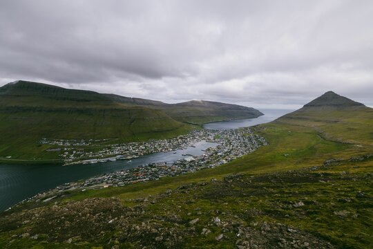 Aerial view of the Klaksvik on the island of Bordoy from the top of Klakkur in the Faroe Islands