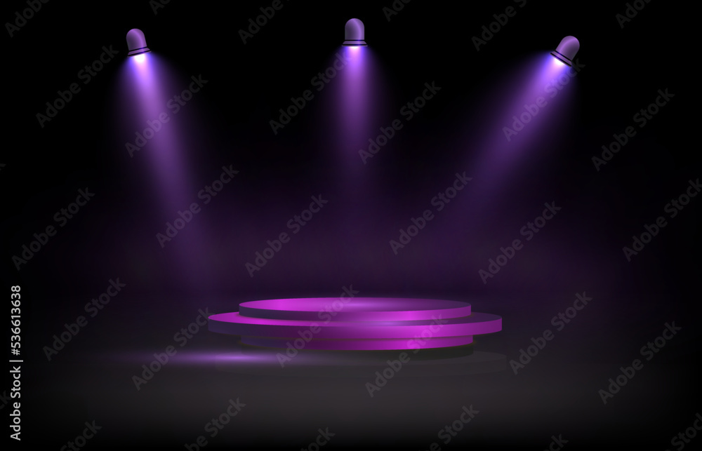 Poster Empty podium floating in the air with rays of falling purple light.Vector