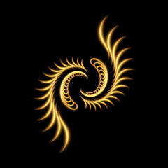 Bright yellow abstract spiral fractal lines with detailed wavy shining pattern. Vector